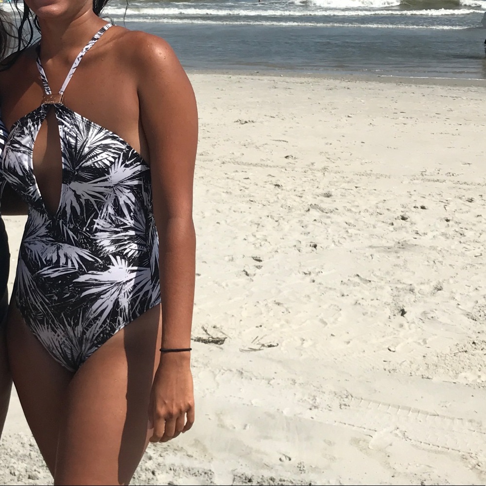 Tropical black and white palm leaf one piece